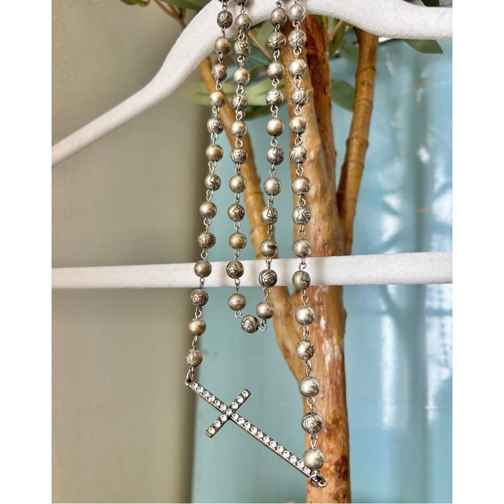 Silver Tone Rosary Style Beaded Cross Necklace Long - Picture 2 of 3